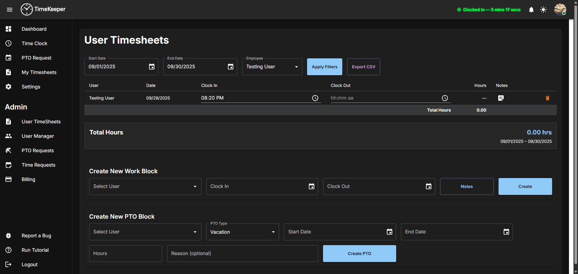 Admin timesheets view