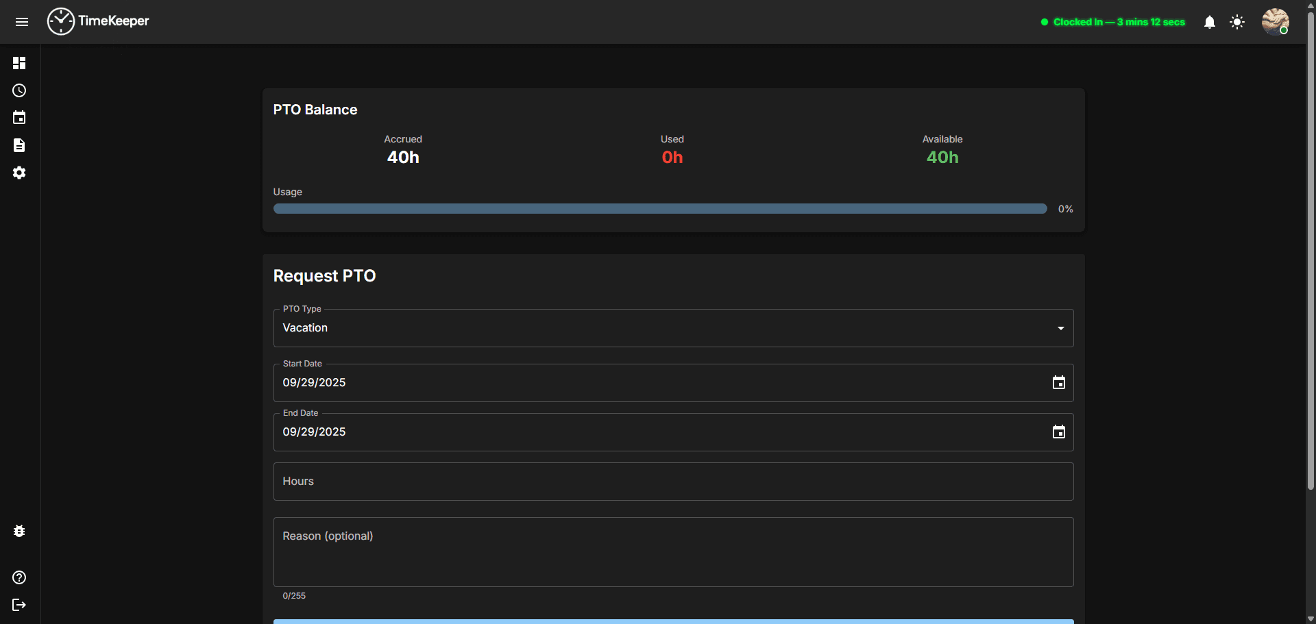 PTO request screen